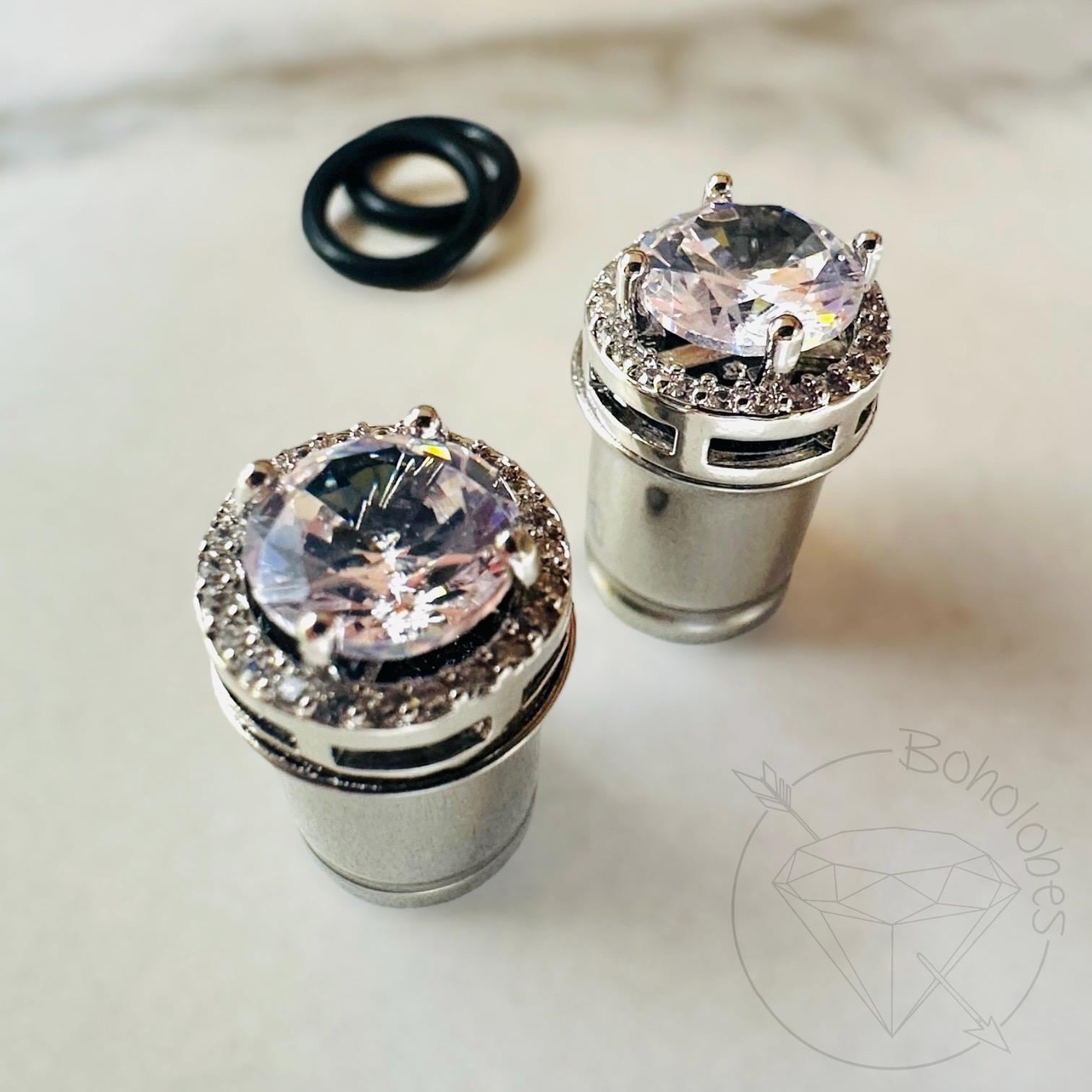 Custom Plugs Real Diamond Ear Tunnels Silver Clear Diamond Steel