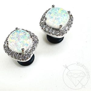 Square Opal CZ Halo Stud Plugs: Bridal Wedding Ear Gauges 14g 12g 10g 8g 6g 4g 2g 1g 0g 11/32" 00g