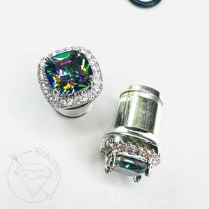 Square CZ Halo Stud Wedding Plugs: Silver, White Gold, Stretched Ears Sizes