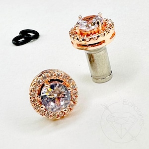 Round CZ Halo Stud Plugs: White Gold Plated, Wedding Ear Stretcher Sizes 8g 6g 4g 2g 1g 0g 11/32” 00g