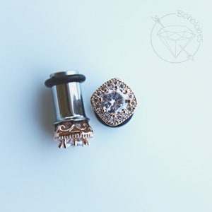 Gold crystal plugs Square CZ halo stud wedding bridal plugs for gauged or stretched ears: Size 0g 8mm