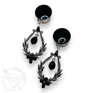 Black rhinestone crystal fancy dangle hider plugs for gauged ears 8g 6g 4g 2g 1g 0g 11/32&quot; 00g 7/16&quot; 1/2&quot;