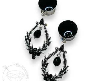 Black rhinestone crystal fancy dangle hider plugs for gauged ears 8g 6g 4g 2g 1g 0g 11/32" 00g 7/16" 1/2"