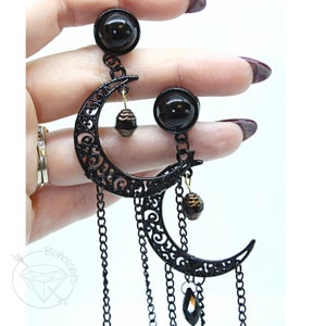 Black celestial crescent moon goth dangle plugs gauges 8g 6g 4g 2g 1g 0g 11/32&quot; 00g 7/16&quot; 1/2” 9/16” 5/8” 3/4” 7/8” 1”