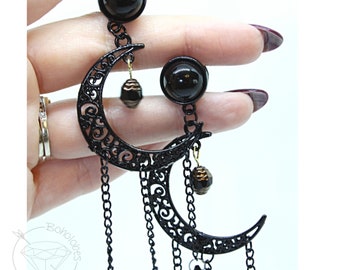 Black celestial crescent moon goth dangle plugs gauges 8g 6g 4g 2g 1g 0g 11/32" 00g 7/16" 1/2” 9/16” 5/8” 3/4” 7/8” 1”