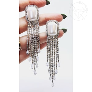 Rhinestone pearl tassel dangle stainless steel plugs tunnels for gauged or stretched ears sizes: 2g 1g 0g 11/32"00g 7/16 1/2 9/16