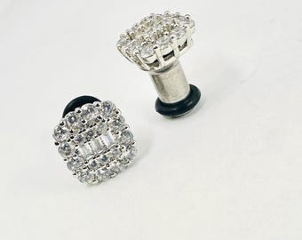 CZ Halo Stud Plugs: Vintage Style Baguette, Stainless Steel Gauges 8g 6g 4g 2g 1g 0g