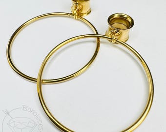 Gold Wire Hoop Screw Back Plugs: Dangle Gauges 2G 0G 00G 1/2" 9/16" 5/8" 11/16" 3/4” 13/16" 7/8" 1" 1 1/8" 1 3/16"