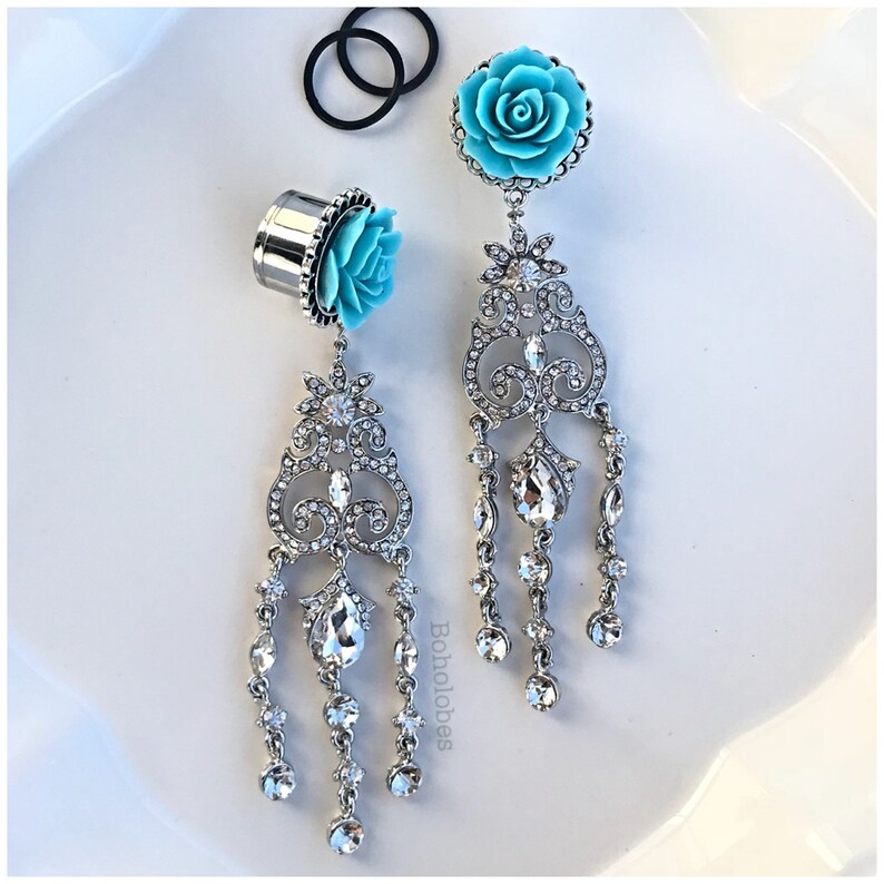 Turquoise blue flower rose hider plugs gauges 916 58 34 14mm 16mm 19mm