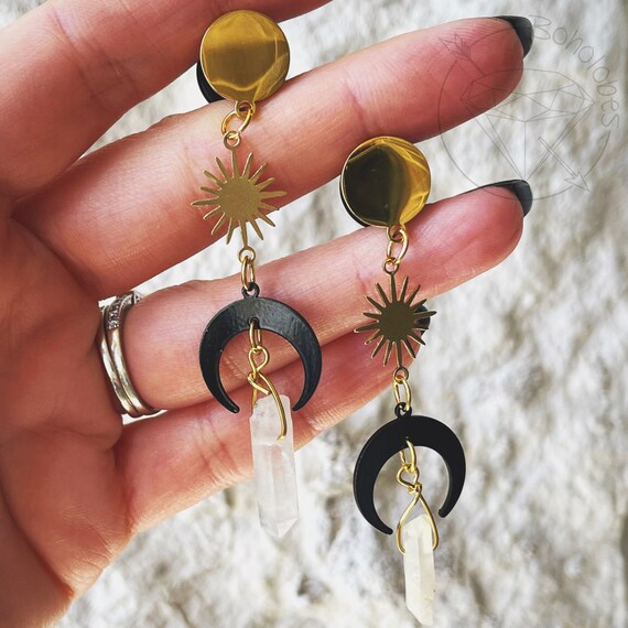 Bohemian black moon phase quartz plugs gauges tunnels 8g 6g 4g 2g 1g 0g 00g 7/16&quot; 1/2 9/16&quot; 5/8&quot; 3/4&quot; 7/8&quot; 1&quot;