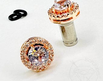 Round CZ Halo Stud Plugs: White Gold Plated, Wedding Ear Stretcher Sizes 8g 6g 4g 2g 1g 0g 11/32” 00g