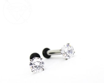 Tiny prong setting stud crystal stainless steel plugs / tunnels for gauges / stretched ears Sizes: 14g, 12g, 10g, 8g