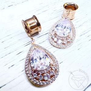 Stainless steel yellow gold rose gold white gold toned drop rhinestone dangle plugs: 2g 0g 00g 1/2&quot; 9/16&quot; 5/8&quot; 18mm 20mm 22mm 25mm