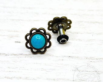 Blue turquoise flower plugs gauges: 14g 12g 10g  8g 6g 4mm 4g 5mm 2g 6mm 1g 7mm 0g 8mm 11/32" 9mm 00g 10mm 7/16" 11mm