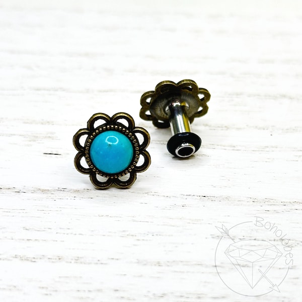 Blue turquoise flower plugs gauges: 14g 12g 10g  8g 6g 4mm 4g 5mm 2g 6mm 1g 7mm 0g 8mm 11/32" 9mm 00g 10mm 7/16" 11mm