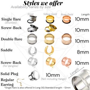 a variety of piercing options available in different sizes, ranging from 10mm to 12mm, with corresponding descriptions for each size.