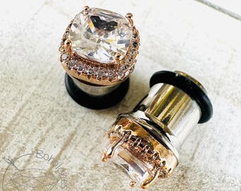 Square CZ Halo Rose Gold Plated Plugs: Wedding Bridal Ear Stretcher Jewelry  6g 4g 2g 1g 0g