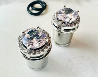 CZ Halo Stud Plugs: Silver-Tone Cubic Zirconia Tunnels for Stretched Ears 8g 6g 4g 2g 1g 0g 11/32” 00g