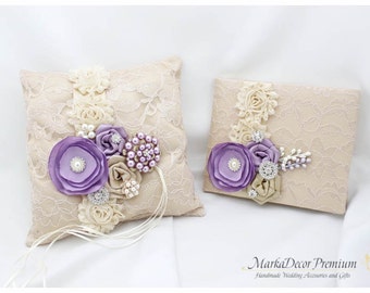 Set of 2 Wedding Bridal Handmade Lace Ring Pillow and Guest Book Custom Bridal Bearer Brooch Flower Pillow in Champagne Ivory Lavender Tan