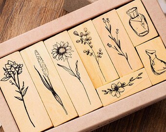 Juego de sellos de goma con flores vintage: sellos botánicos para diario (8 unidades)