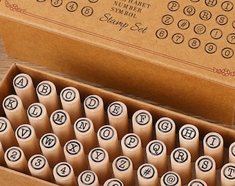 Juego de 40 sellos vintage con letras y números: sellos de goma de madera