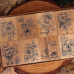 Rose Themed Stamp Set(8 pcs), Flower Stamps, Vintage wood Stamps, Decoration Stamps, Journal Stamps, Diary Stamp, Rubber Stamps