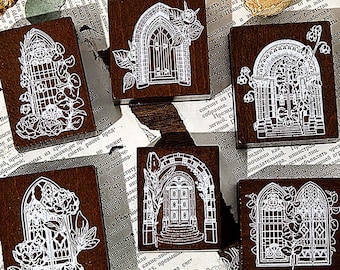 Set de sellos de goma con diseño de ventana y flores: decoración para diario y álbumes de recortes