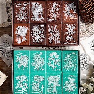 Conjunto de carimbos de plantas vintage de 2 estilos, carimbos de flores, carimbos de buquê, carimbos de garrafas, carimbos de decoração, conjunto de carimbos de borracha, carimbos de diário
