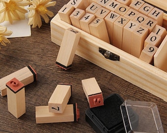 Alphabet & Number Rubber Stamp Set: Wood Letter Stamps with Ink Pad