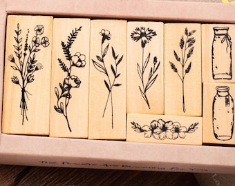 Vintage Plant Rubber Stamps Set: Floral & Bottle Designs (8 Pcs)