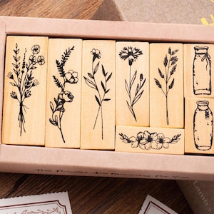 Plantenstempelset, vintage houten stempel, bloem- en flesstempelset, decoratiestempel, plakboekstempel, dagboekstempel 8 stuks in de doos