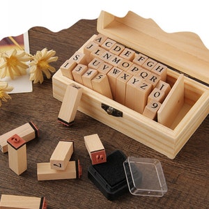 Alphabet & Number Wood Rubber Stamp Set - capital letter stamp and ink pad kit, uppercase in wooden box,  Christmas gift -36 pcs in-AH204340