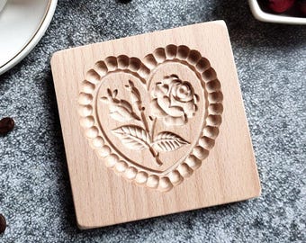 Rose & Heart Cookie Mold: Wooden Gingerbread Stamp