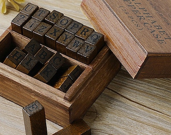 Vintage Alphabet Rubber Stamp Set - Wooden Case (28 pcs)