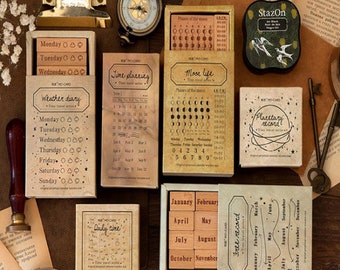 Wooden Rubber Stamps: Time Planning, Weather Diary, Moon Phases