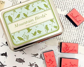 Montain Birds Stamp Set -- Rubber Stamp in Tin Box -- Korean Stamps -- Diary Stamps