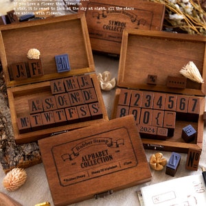 Juego de sellos con alfabeto vintage, alfabeto, semana, mes, números y símbolos con caja de madera, sello de goma, 4 estilos disponibles