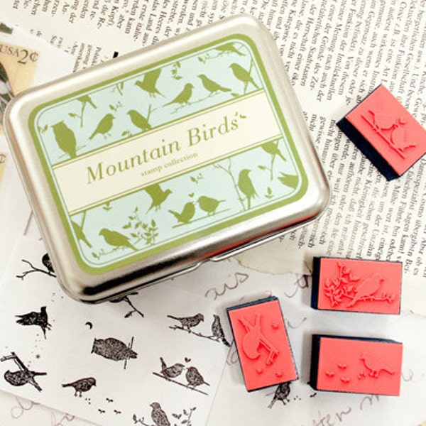 Montain Birds Stamp Set -- Rubber Stamp in Tin Box -- Korean Stamps -- Diary Stamps - AH202032