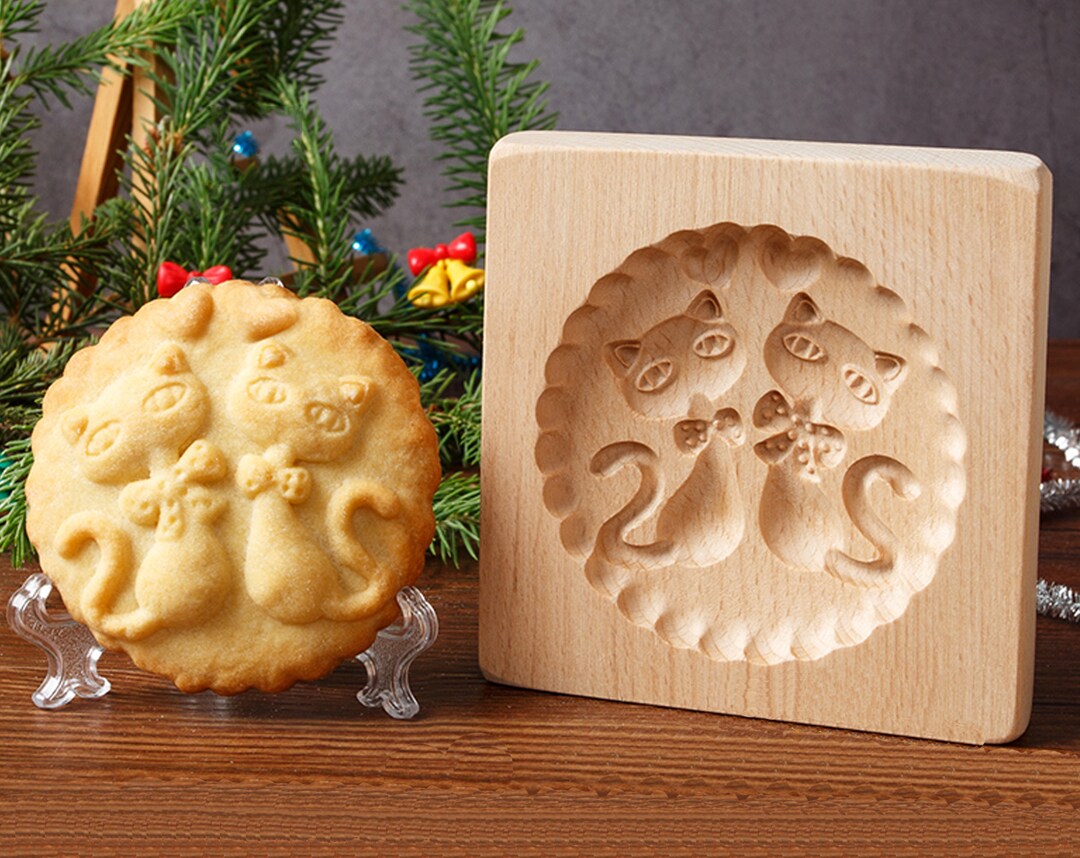 Wooden Cute Cats Cookie Mold, Wood Cookie Stamp, Cookie Embosser for