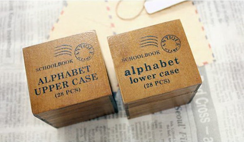 Vintage Alphabet Stamp Set Wooden Rubber Stamp Set Rubber Stamps Lowercase plus Capital-AHS201383 image 1