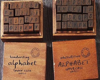 Vintage Wooden Alphabet Stamp Set: Handwritten Font, Uppercase + Lowercase
