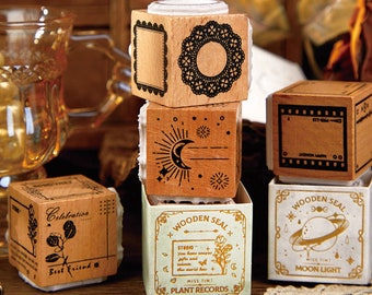 Three-Sided Wooden Rubber Stamp: Plant, Moon, Scrapbook