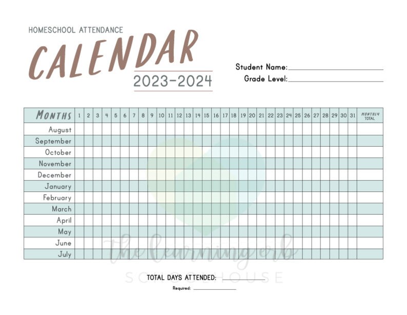 ATTENDANCE SHEET 20232024 Attendance Calendar for Homeschool Etsy