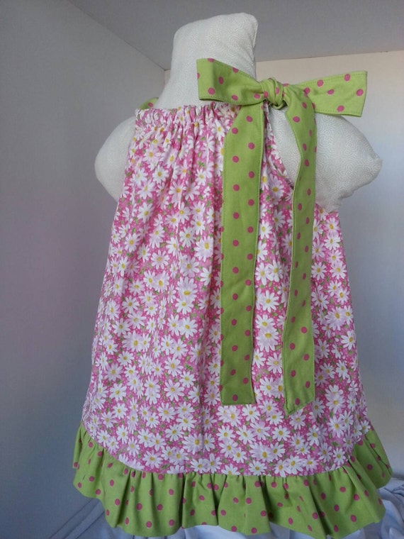 Items similar to Pink Daisy and Polka Dot Ruffle Pillowcase Dress Size ...