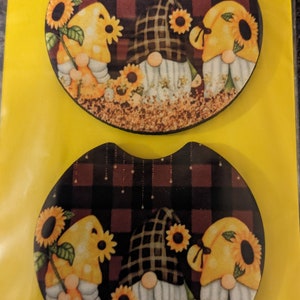 Sunflower Gnomes Car Coasters- Set of 2