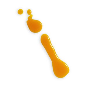 May include: A series of four distinct, viscous droplets of vibrant orange liquid arranged in a diagonal pattern. The shapes vary from small, circular beads to larger, elongated, and irregular organic forms with smooth, reflective surfaces.