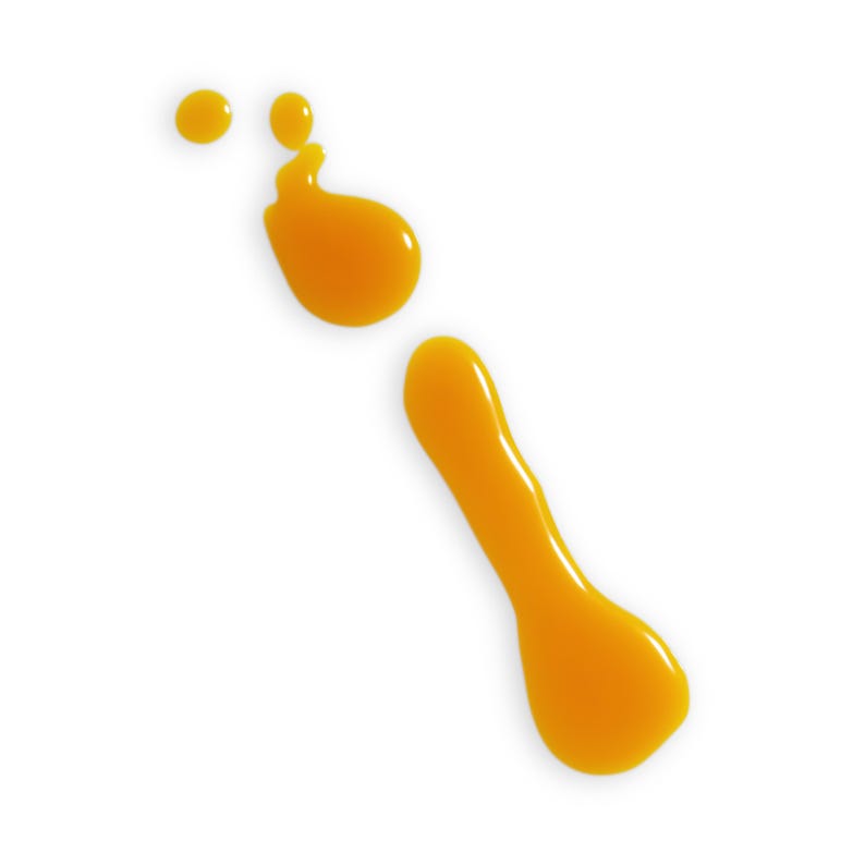 May include: A series of four distinct, viscous droplets of vibrant orange liquid arranged in a diagonal pattern. The shapes vary from small, circular beads to larger, elongated, and irregular organic forms with smooth, reflective surfaces.
