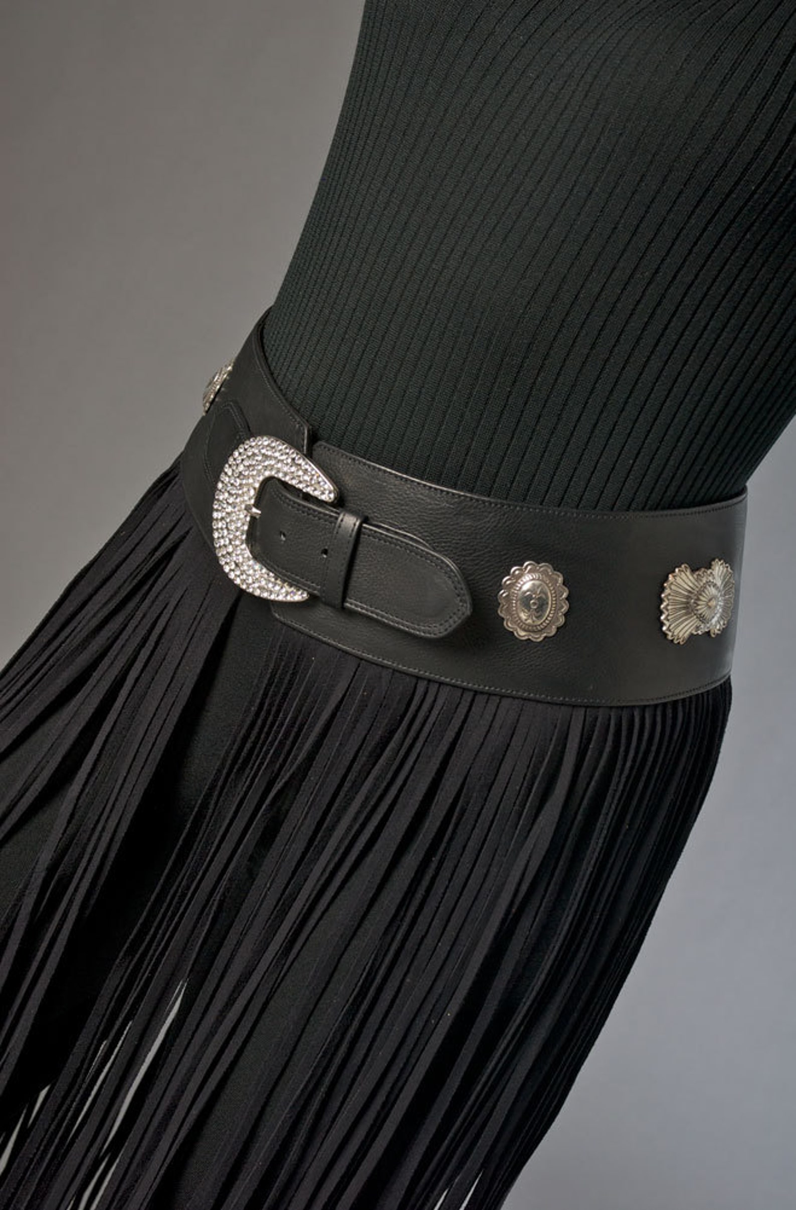 Black Deer Skin Leather Belt With Conchos and Long Fringe, Unique
