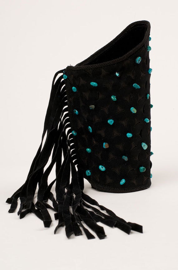 Beaded Black Leather Fringe Cuff, Southwestern Style … Gem