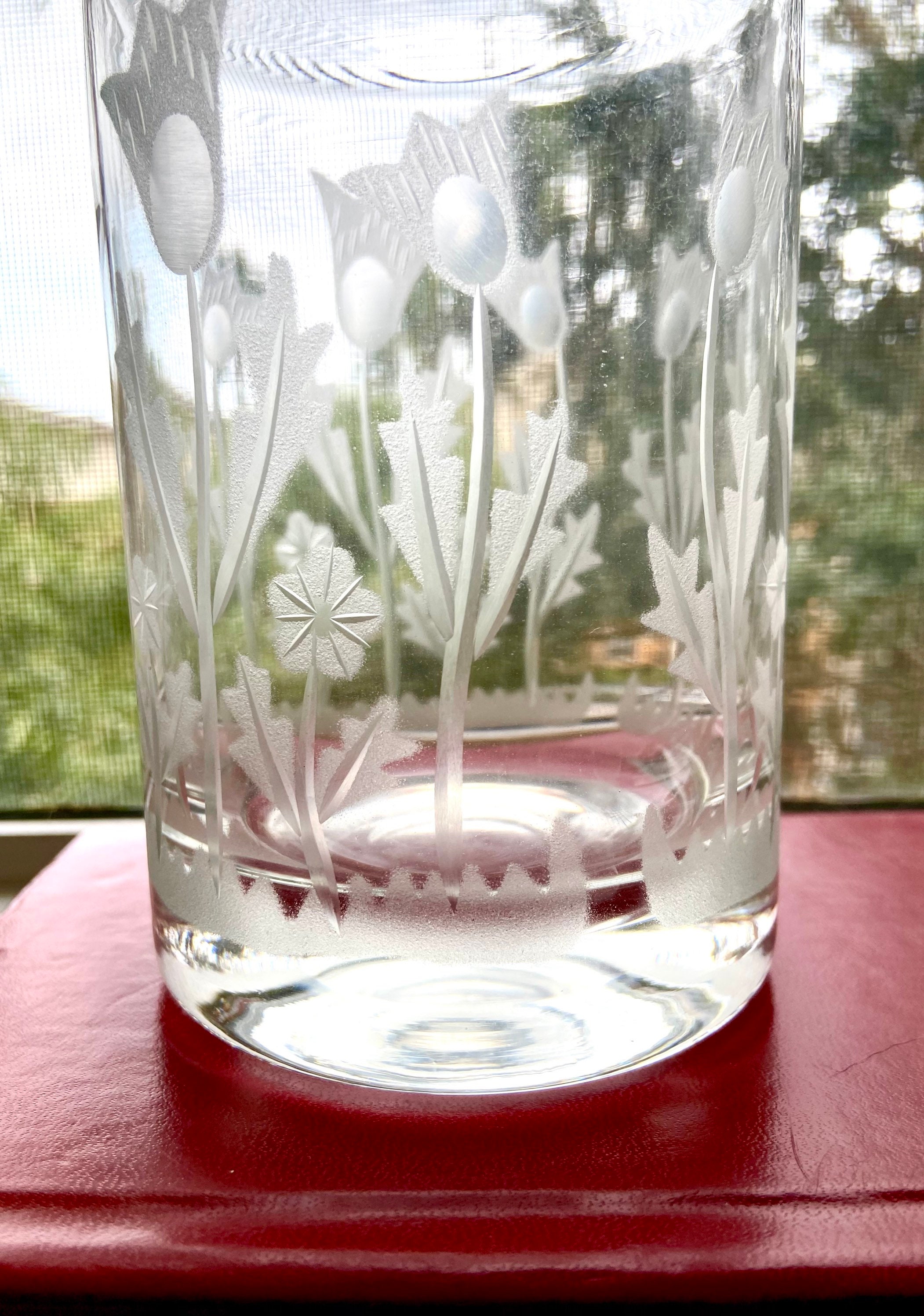 Vintage Glass Decanter with Flower Etchings Etsy